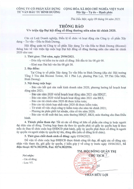 Thông báo v/v triệu tập Đại hội đồng cổ đông thường niên năm tài chính 2020