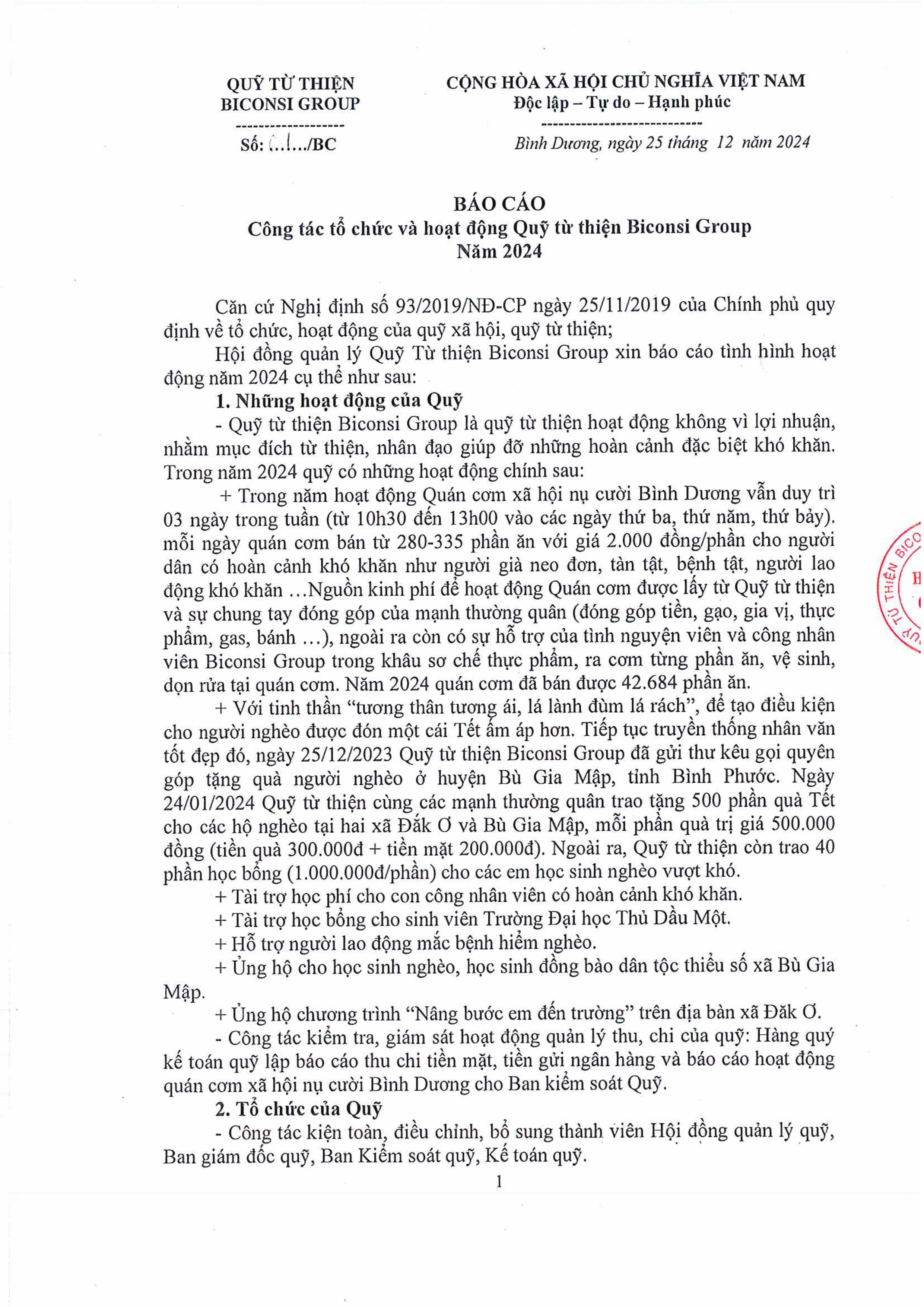 Công khai báo cáo hoạt động năm 2024 của Quỹ Từ thiện Biconsi Group