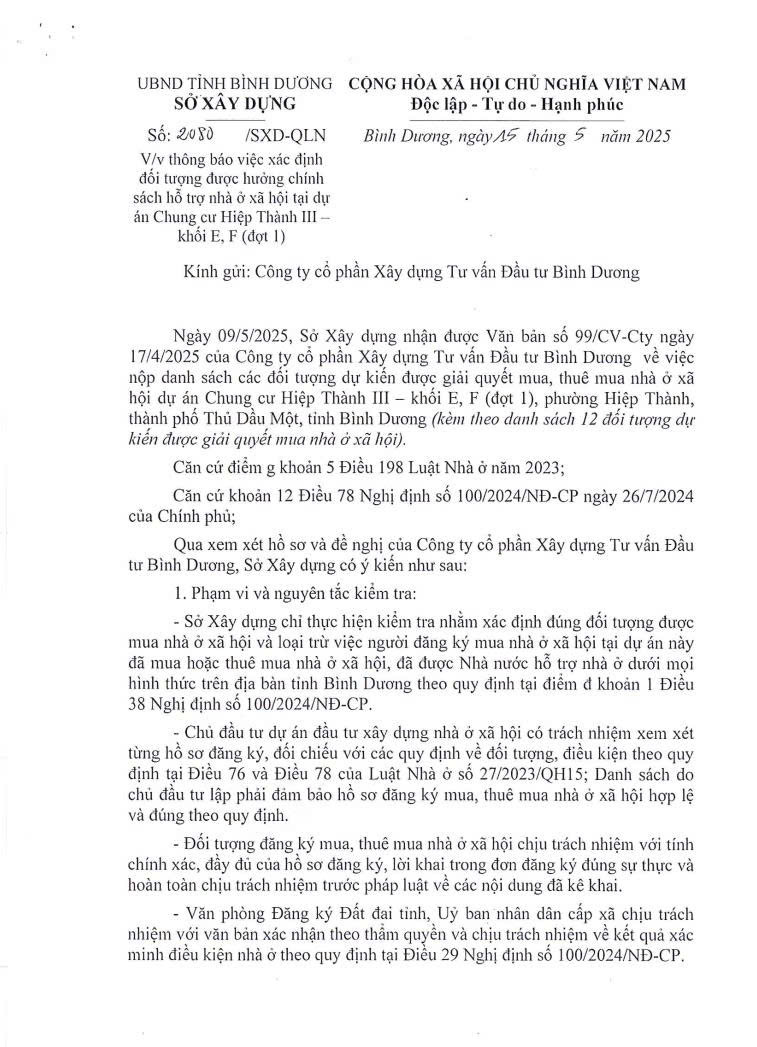 Công văn của Sở Xây Dựng về việc thông báo xác định đối tượng được hưởng chính sách hỗ trợ nhà ở xã hội tại dự án Chung cư Hiệp Thành III - khối E, F (đợt 1)