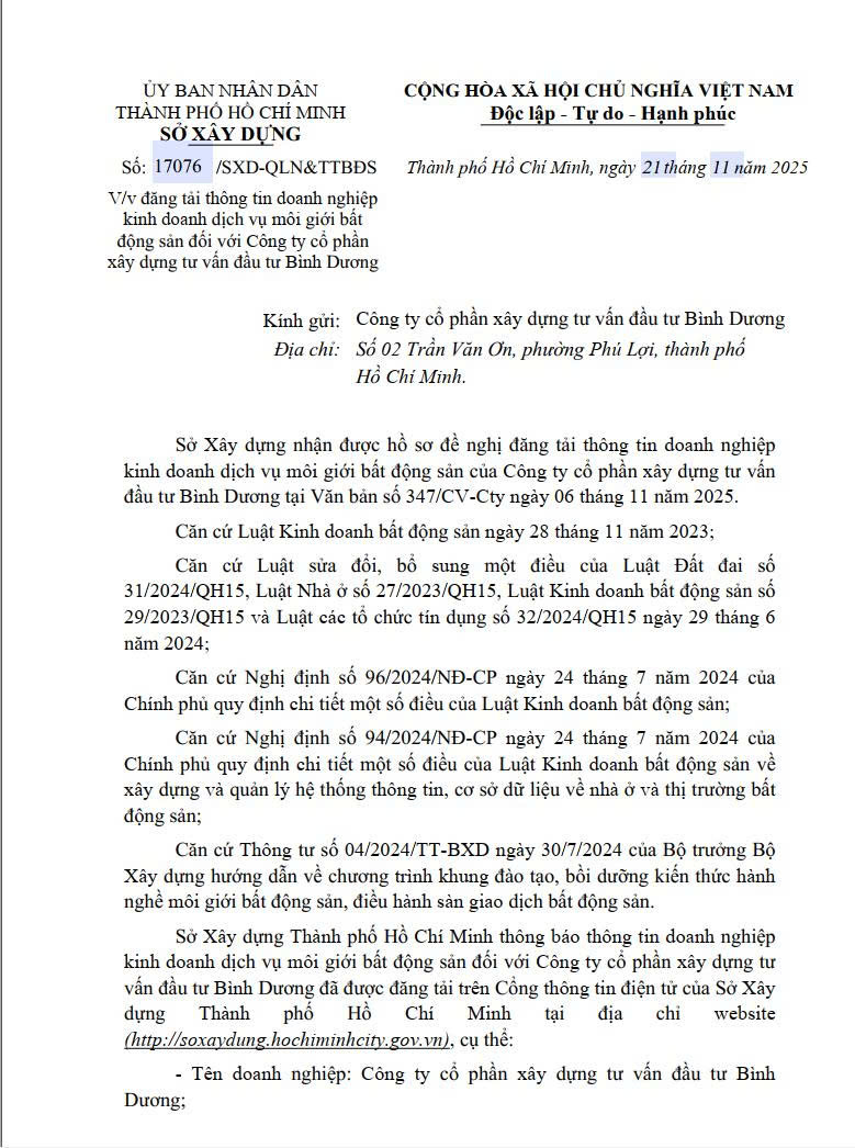 Đăng tải thông tin doanh nghiệp kinh doanh dịch vụ môi giới BĐS đối với Công ty CP Xây dựng Tư vấn Đầu tư Bình Dương