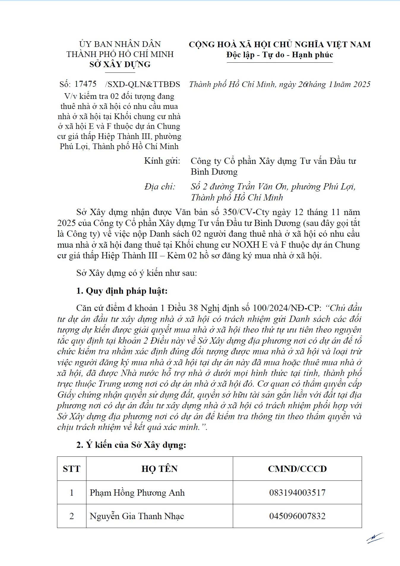 Công văn 17475/ SXD-QLN&TTBĐS v/v kiểm tra 02 đối tượng đang thuê nhà ở xã hội có nhu cầu mua nhà ở xã hội tại Khối chung cư NOXH E và F thuộc dự án chung cư giá thấp Hiệp Thành III, P. Phú Lợi, TP. Hồ Chí Minh