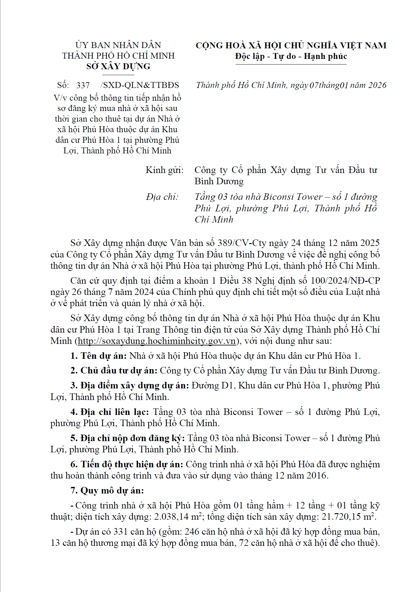 Công bố thông tin tiếp nhận hồ sơ đăng ký mua nhà ở xã hội sau thời gian cho thuê tại dự án NOXH Phú Hòa thuộc dự án KDC Phú Hòa 1 tại P. Phú Lợi, TP. HCM