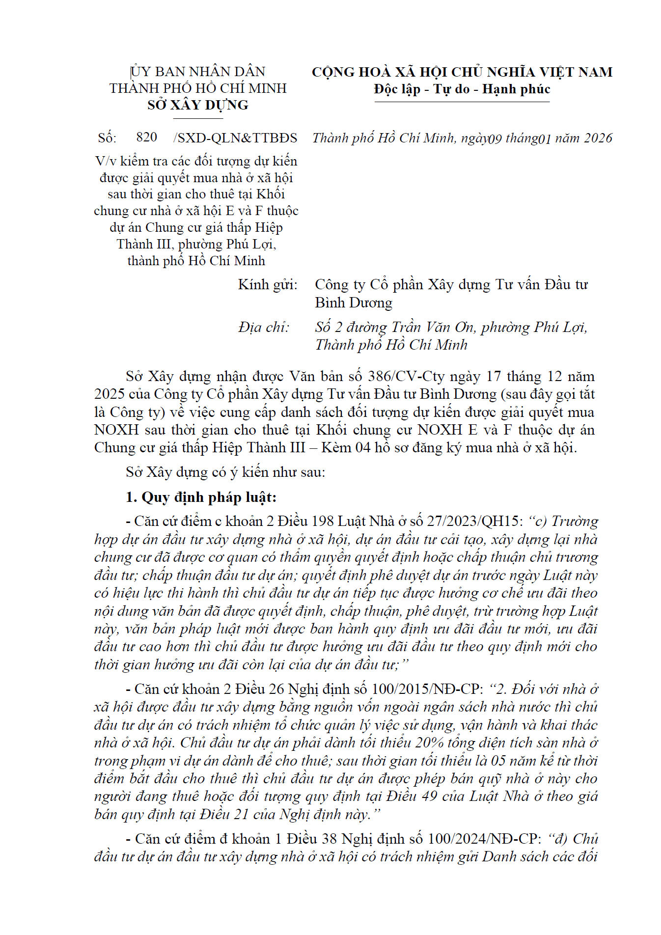 Công văn 820/SXD-QLN&TTBĐS v/v kiểm tra các đối tượng dự kiến được giải quyết mua NOXH sau thời gian cho thuê tại Khối chung cư NOXH E và F thuộc dự án Chung cư giá thấp Hiệp Thành III, P. Phú Lợi, TP. Hồ Chí Minh