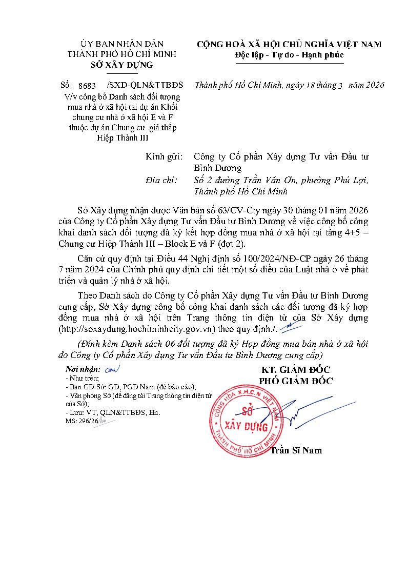 Công bố DS đối tượng mua NOXH Chung cư Hiệp Thành III - khối E và F số 8683/SXD-QLN&TTBĐS