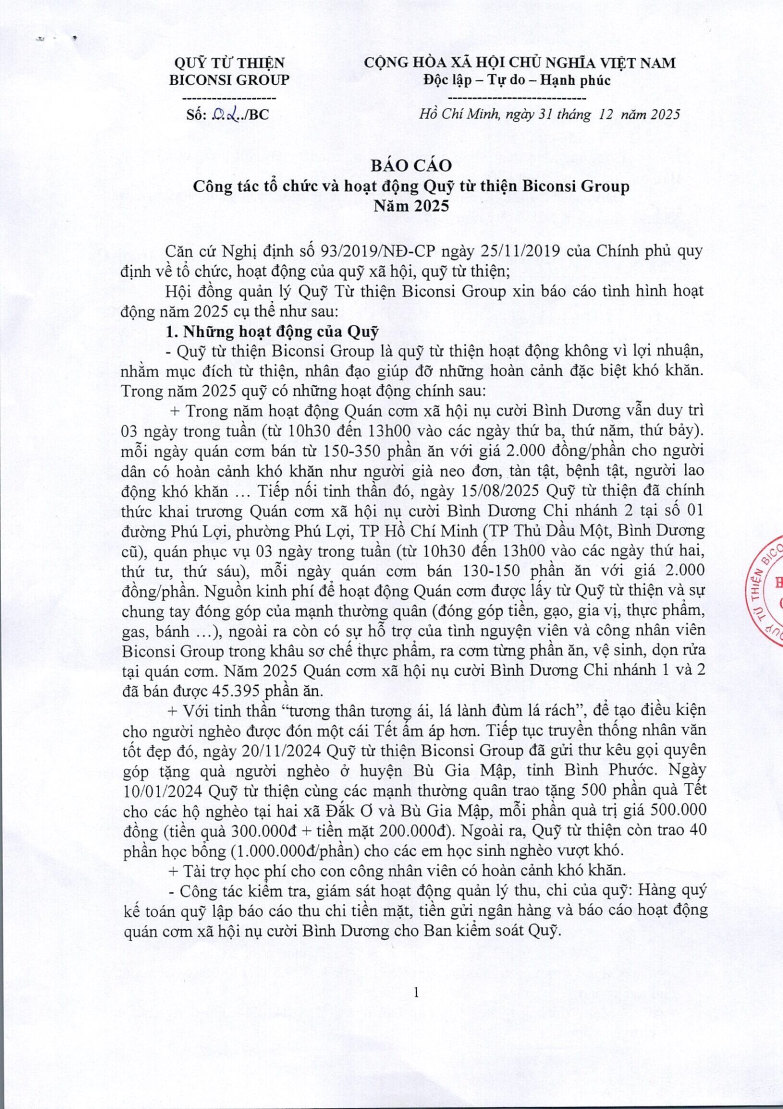 Công khai báo cáo hoạt động năm 2025 của Quỹ Từ thiện Biconsi Group